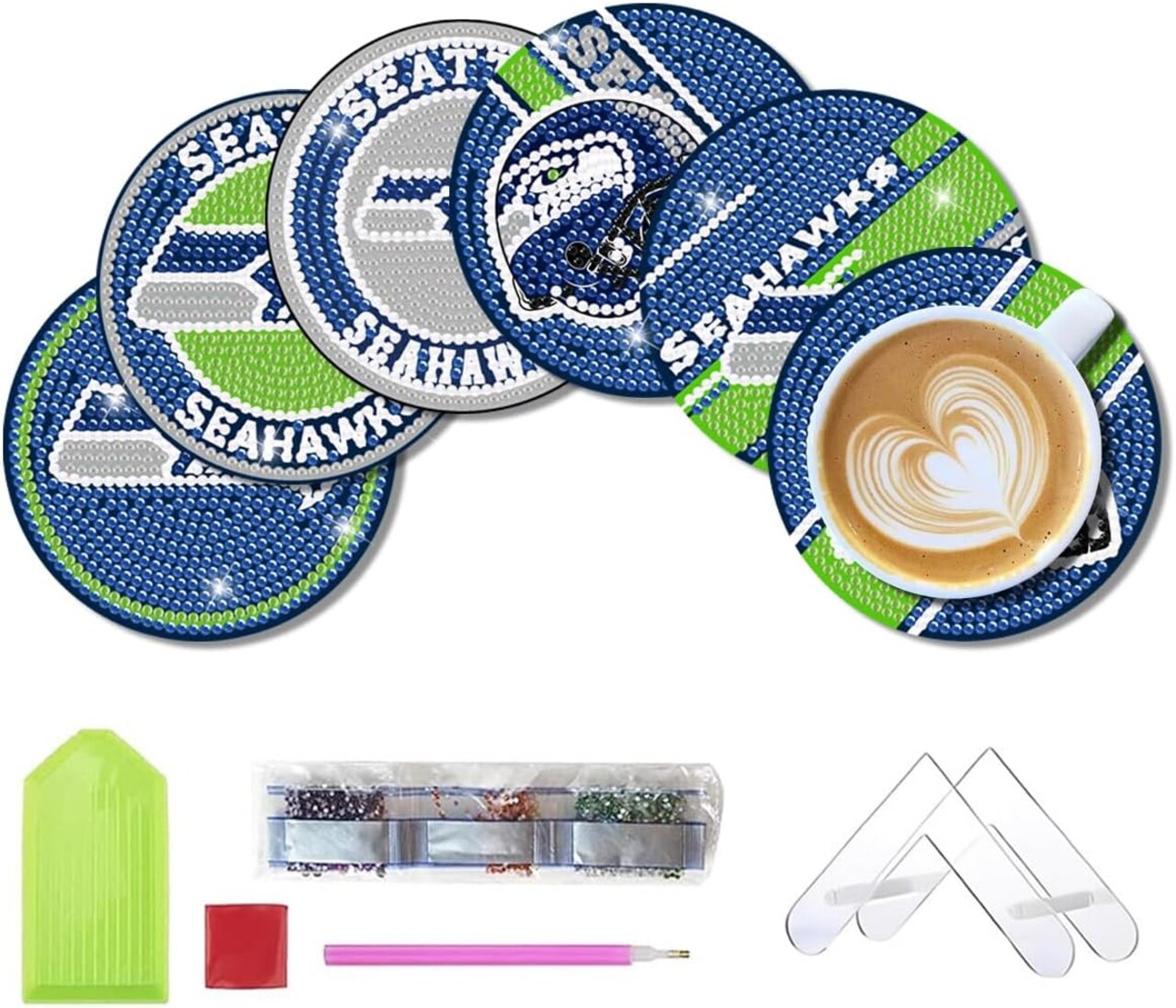 6 Pcs Diamond Paintings Coasters Kits with Holder,DIY Football Diamond Art Coasters for Adults Kids, Diamond Dot Kits for Seattle Craft Gifts
